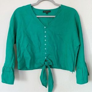 For Cynthia 100% Linen Green Tie Hem Crop Top Size Petite Small SP